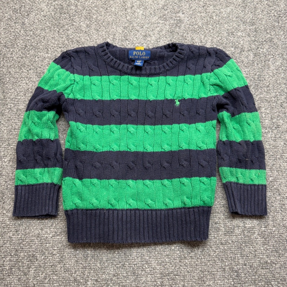 Polo Ralph Lauren Kids Navy Green Striped Cable Knit Sweater 4/4T Pony Logo